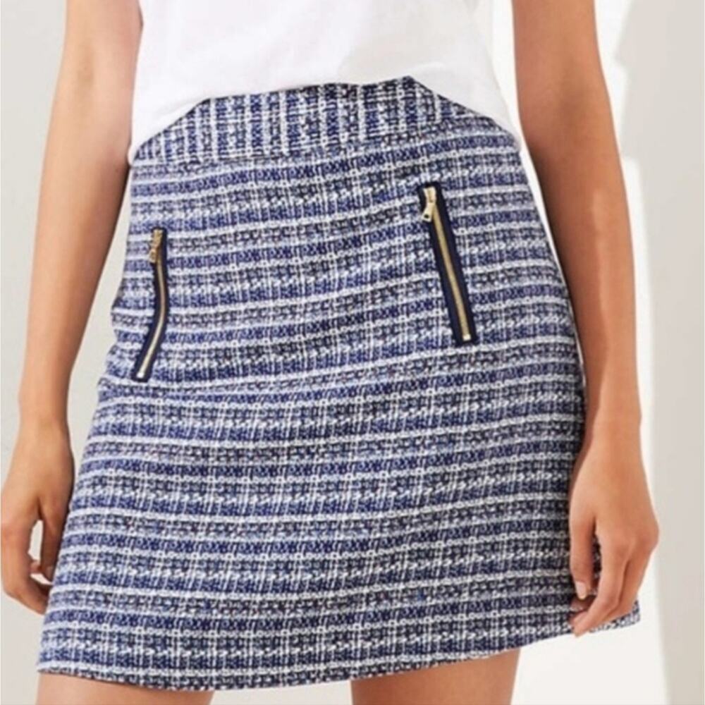 LOFT Womens Tweed Mini Skirt Gold Zipper Accents Blue White Size 4